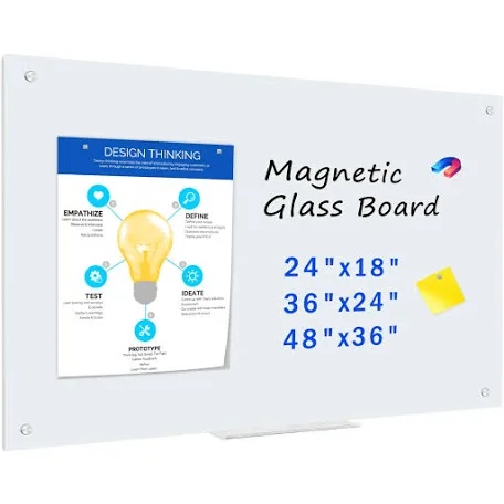 Glass Magnetic Dry Erase Board, 36''x24'' Large White Glass Board Hanging Mount Frameless Whiteboard with 1 Pen Tray - for Home Office School