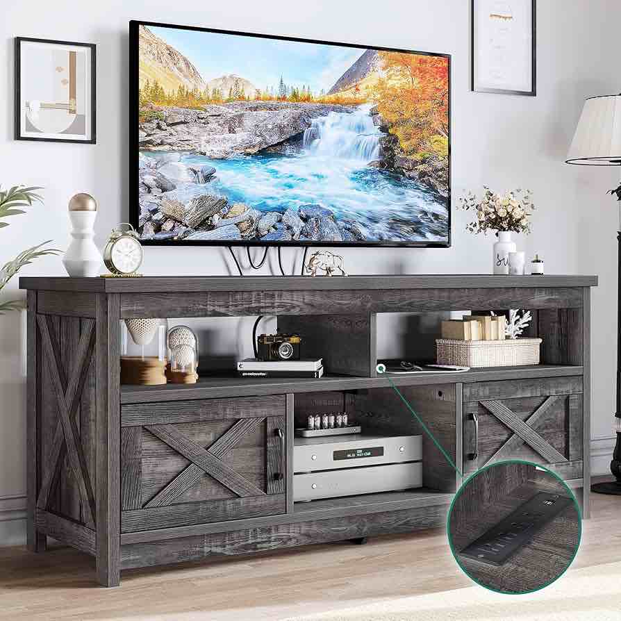 YITAHOME Farmhouse TV Stand for 65 inch with Power Outlet, Mid Century Modern Wood TV Table Media Console with Storage Cabinet and Open Shelves for Living Room, Bedroom (Dark Rustic Oak)