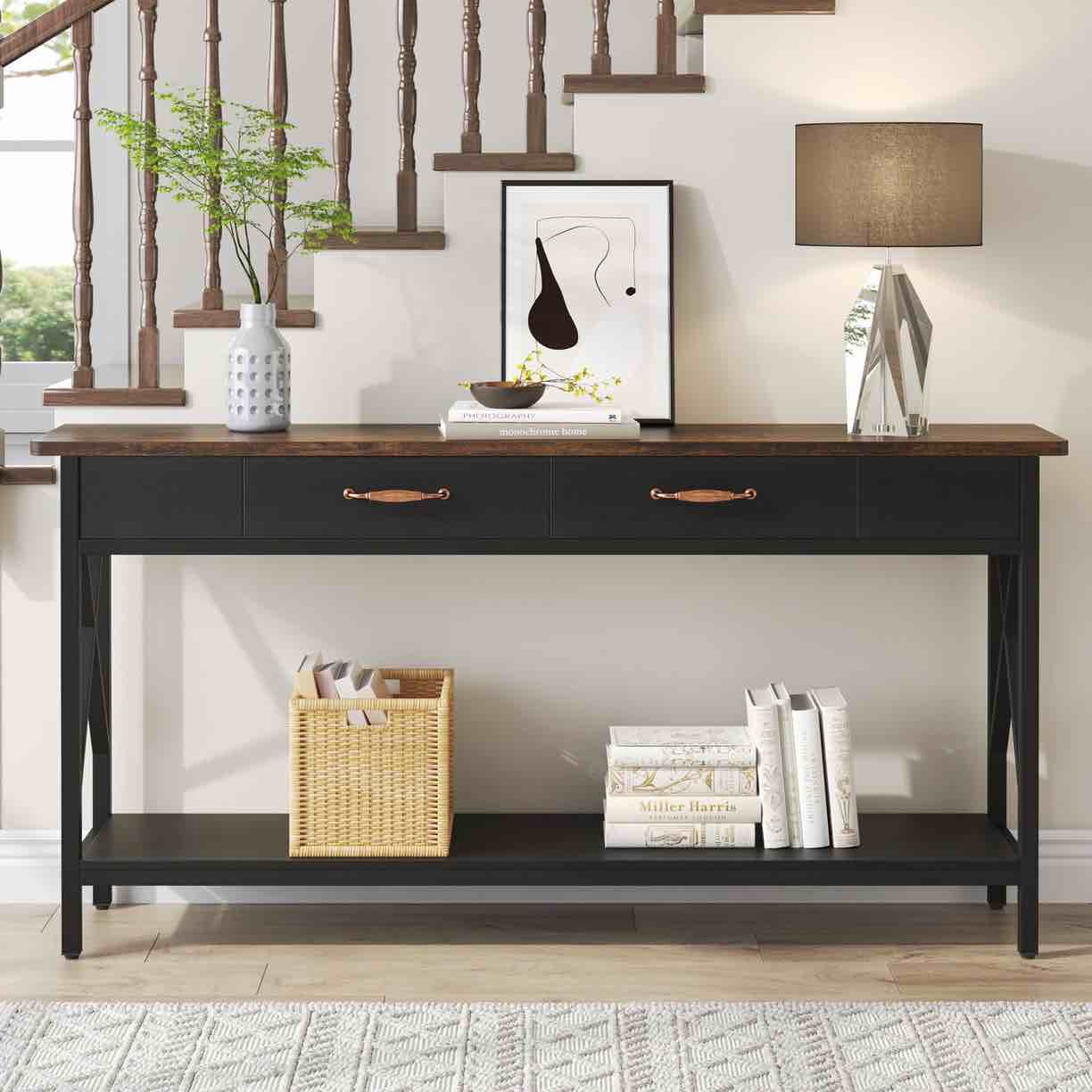 70.9" Console Table, Extra Long Sofa Table with Drawers & Storage Shelves 