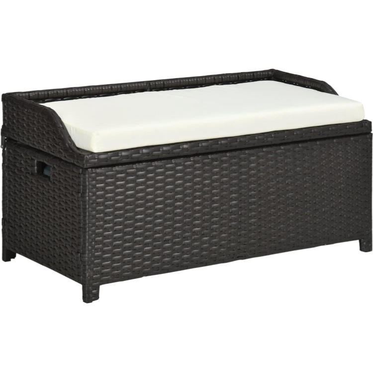 Outsunny Outdoor Wicker Storage Bench Deck Box, PE Rattan Patio Furniture Pool Container Storage Bin with Interior Waterproof Bag and Comfortable Cushion, Cream White