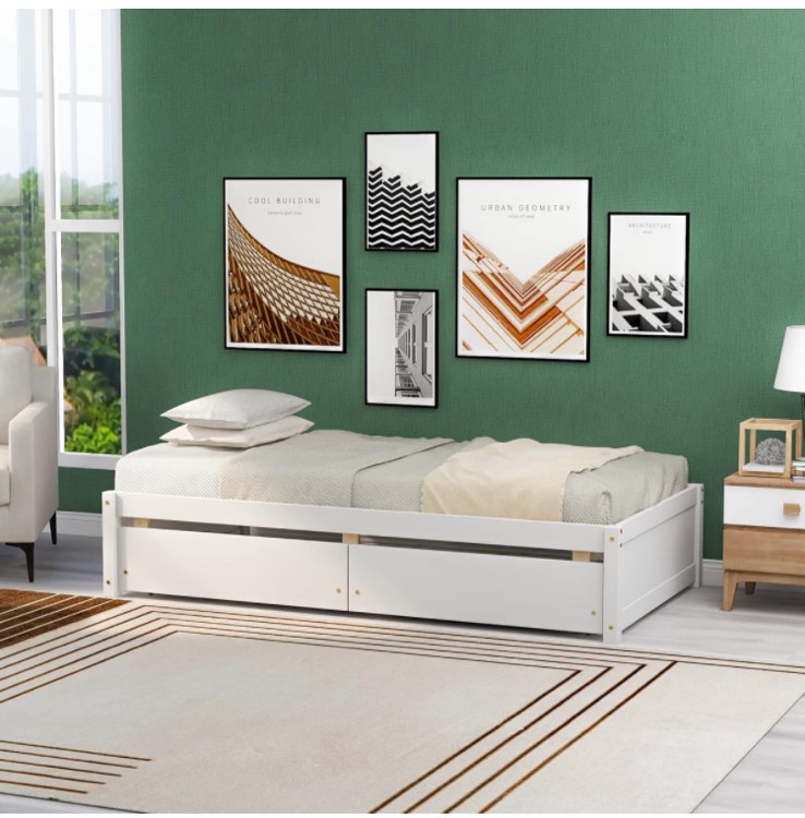 Twin Platform Bed with 2 Storage Drawers, Wood Twin Size Bed with Support Slats, Twin Bed Frame for Kids,Teens,Adults No Box Spring Needed (Twin, White)