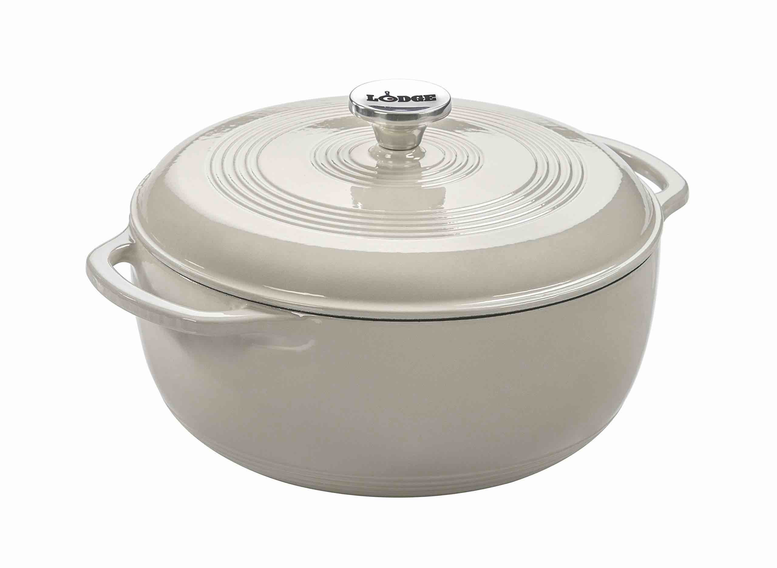 Lodge 6 Quart Enameled Cast Iron Dutch Oven with Lid – Dual Handles – Oven Safe up to 500° F or on Stovetop - Use to Marinate, Cook, Bake, Refrigerate and Serve – Oyster White