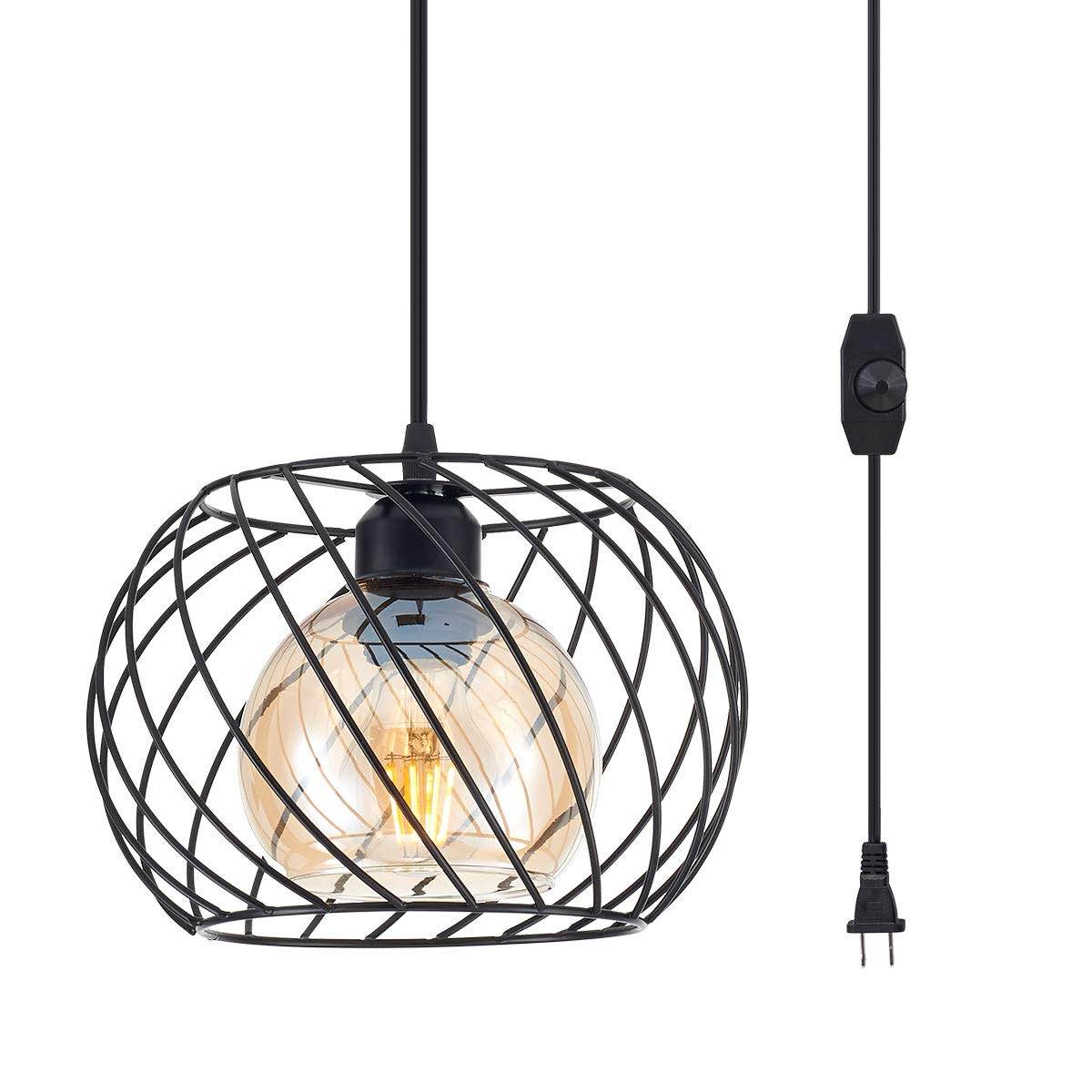 YLONG-ZS Plug in Pendant Light with Dimmer Switch Farmhouse Hanging Lights Fixtures with 16ft Plug in Cord and Amber Glass Shade for Kitchen Island Bedroom Hallway Foyer,Black Finish