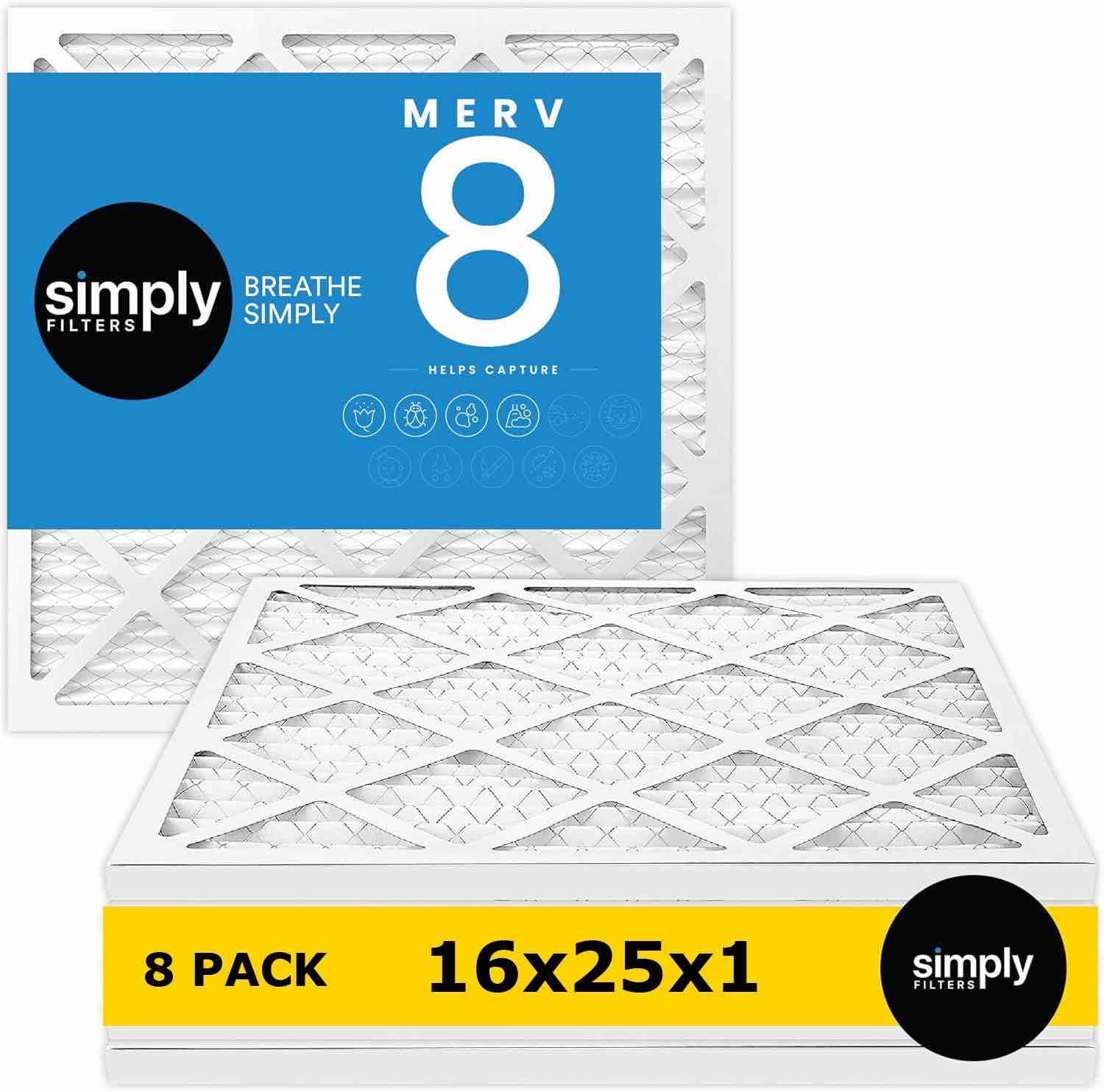 Simply Filters 16x25x1 MERV 8, MPR 600, Air Filter (6 Pack) - Actual Size: 15.75"x24.75"x0.75" HVAC, Electrostatically Charged Synthetic Media, AC Furnace Air Filter