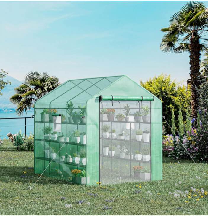 Outsunny 8' x 6' x 7' Walk-in Greenhouse with Mesh Door and Windows, 18 Shelf Green House with Trellis, Plant Labels, UV Protective for Growing Flowers, Herbs, Vegetables, Saplings, Green