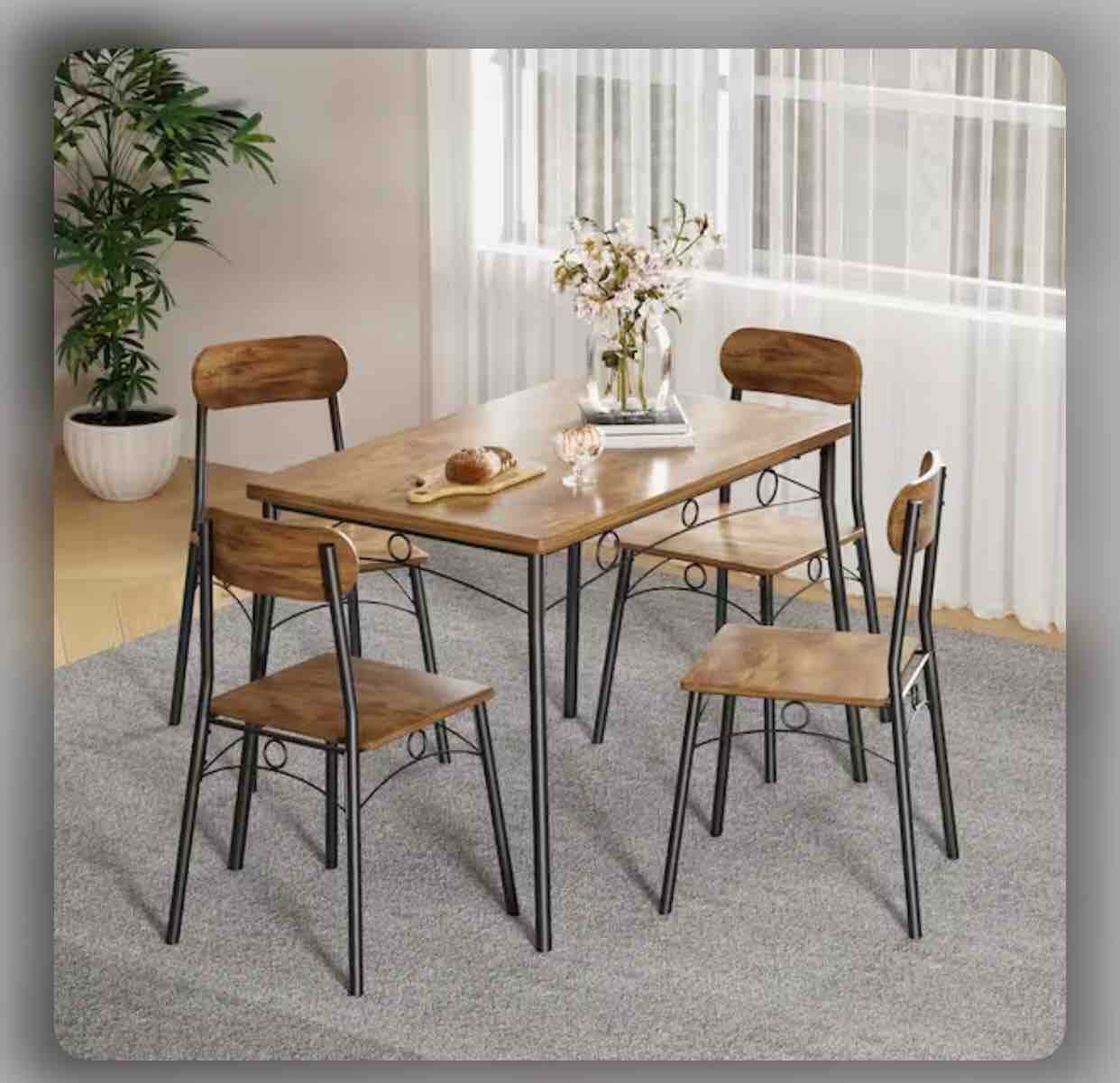 5-Piece Dining Table Set, Rectangular Kitchen Table & Chairs, Dining Table Set w/Metal Frame, 1 Table & 4 Chairs Set