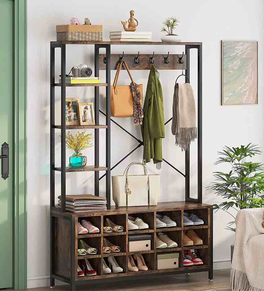 Industrial Coat Rack Shoe Bench, Entryway Hall Tree with Storage Shelves HOGA-F1584