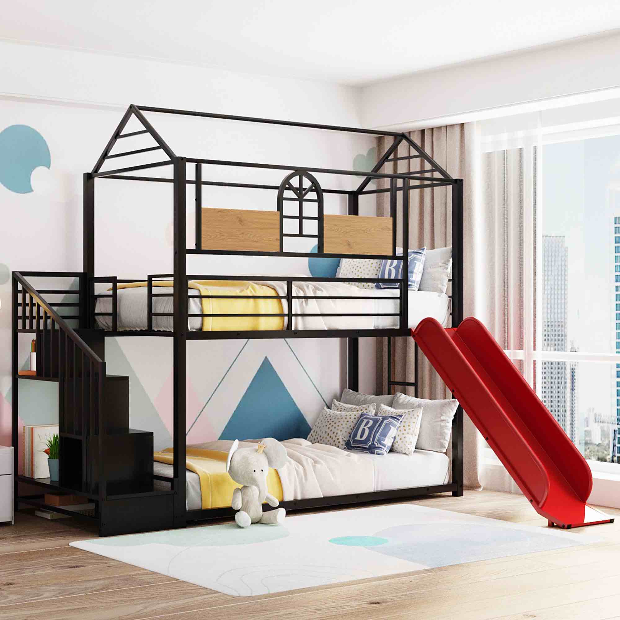 Twin Over Twin Metal Bunk Bed w/ Slide & Storage Stair, Black/Red