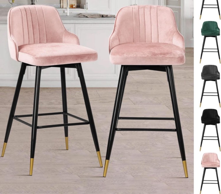 Bar Stools Set of 2, 360° Free Swivel, 29" Bar Height Stools with Back and Metal Footrest, Modern Velvet Barstools Kitchen Island Stools Bar Chairs for High Bar Counter, Support 300lb,Pink
