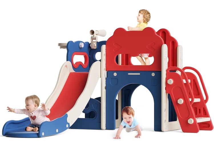 8 in 1 Toddler Slide Playset Indoor Playground,Kids Slide Outdoor Freestanding Climber with Telescope Basketball Hoop Tunnel Storage Space for Preschool- PIECES MISSING