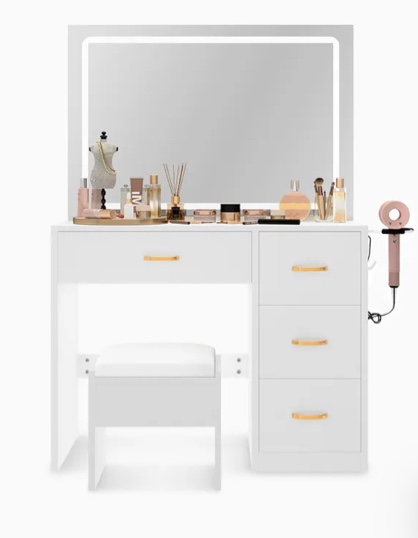 36" Modern Mirror Makeup Vanity with 4 Drawers Charging Station and Light Strip, White & Black