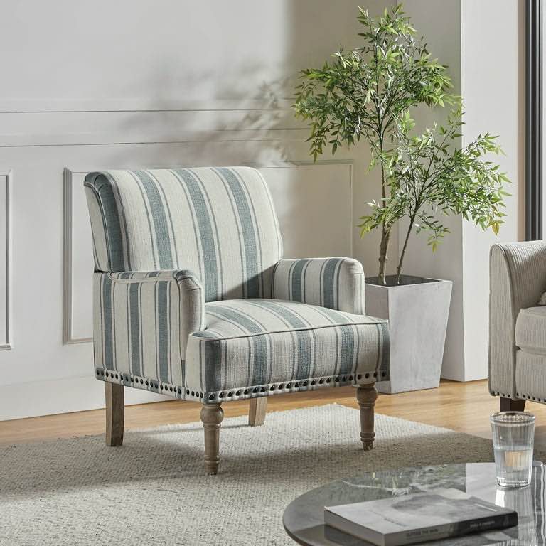 Wooden Upholstered Armchair Sofa Stripe Design, Lounge Seat Nailhead Trim Wooden Legs for Home Living Room, Blue