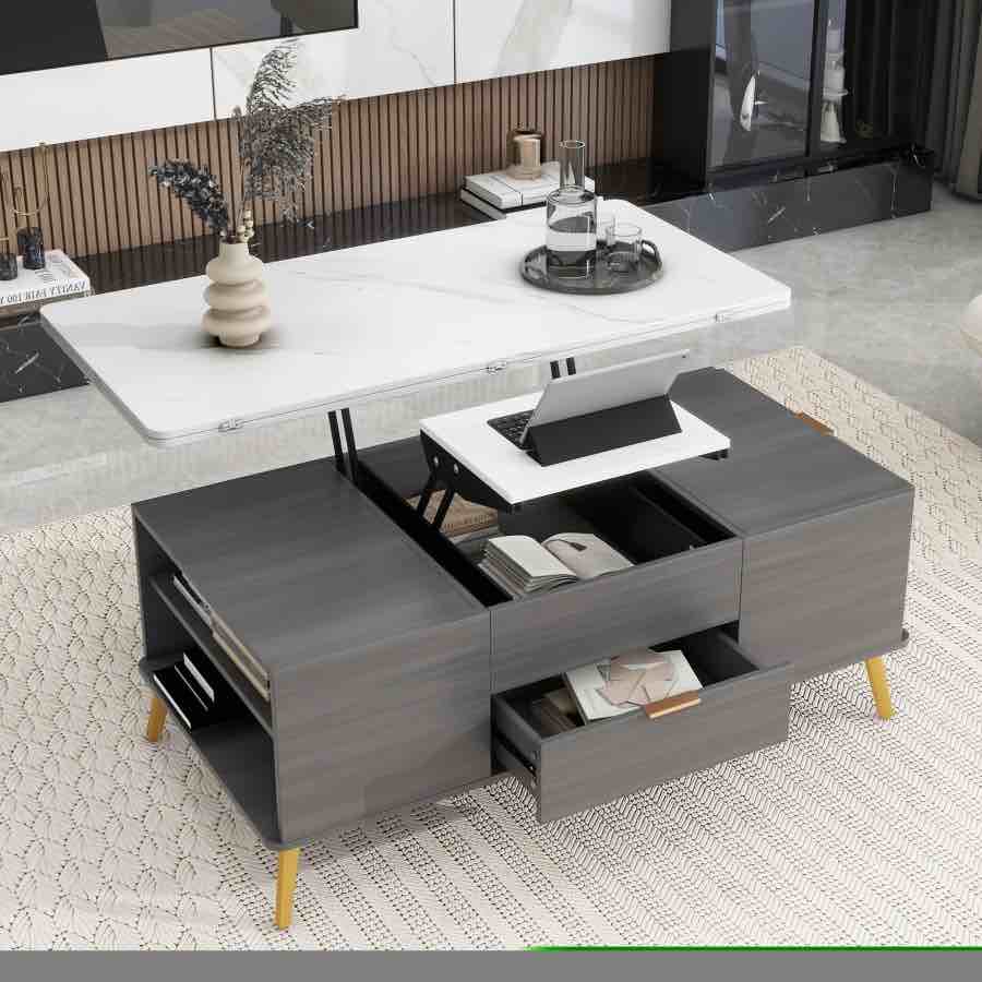 ZNTS Modern Lift Top Coffee Table Multi Functional Table with Drawers in Gray & White 