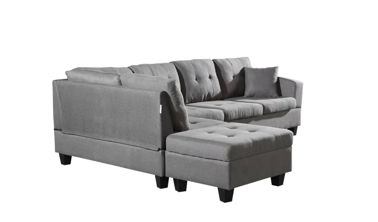 Fabric Left Chaise Living Room Sofa Set with Storage Ottoman Polyester Fabric, Wooden Frame, Foam Padding, Plastic Feet - Grey - OTTOMAN ONLY