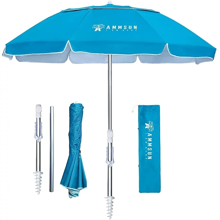 AMMSUN 6.5ft twice folded compact Portable beach umbrella with sand anchor windproof, Fits in a large Suitcase for travel Patio Garden Beach Pool Backyard Lake Blue