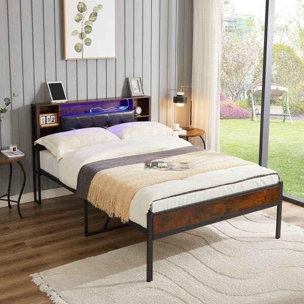 Full Size Metal Platform Bed Frame with USB Charging Station
