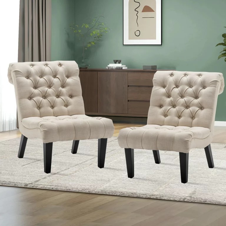Andeworld Accent Chairs Set of 2 Button Tufted Upholstered Chair for Bedroom Living Room Office Ivory Fabric