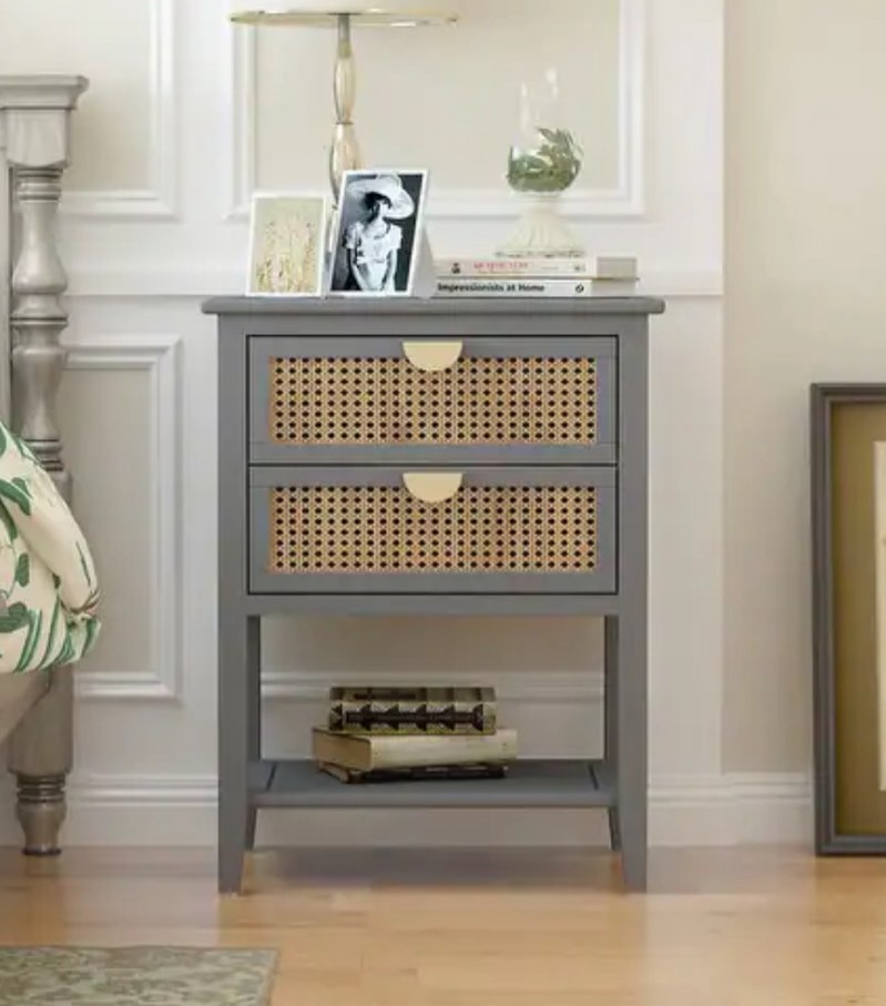 Natural Rattan 2-Drawer Wood Side Table Nightstand