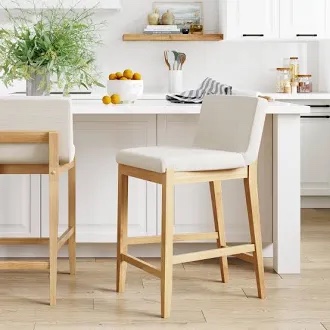 Nathan James Gracie Modern Counter Height Bar Stool with Back, Counter Stool Upholstered Chair with Natural Flax White Fabric and Brushed Wooden Legs, Natural Flax/Brown