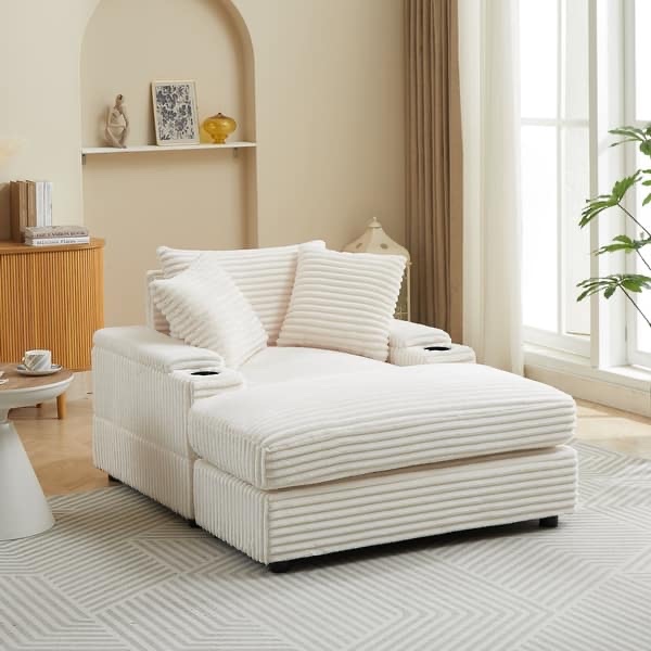 43.3" Corduroy Single Sofa with Back Pillow and Ottoman, 2storage Spaces & Cup-Holding Grooves, Comfy Deep Seat Couch - Beige Corduroy