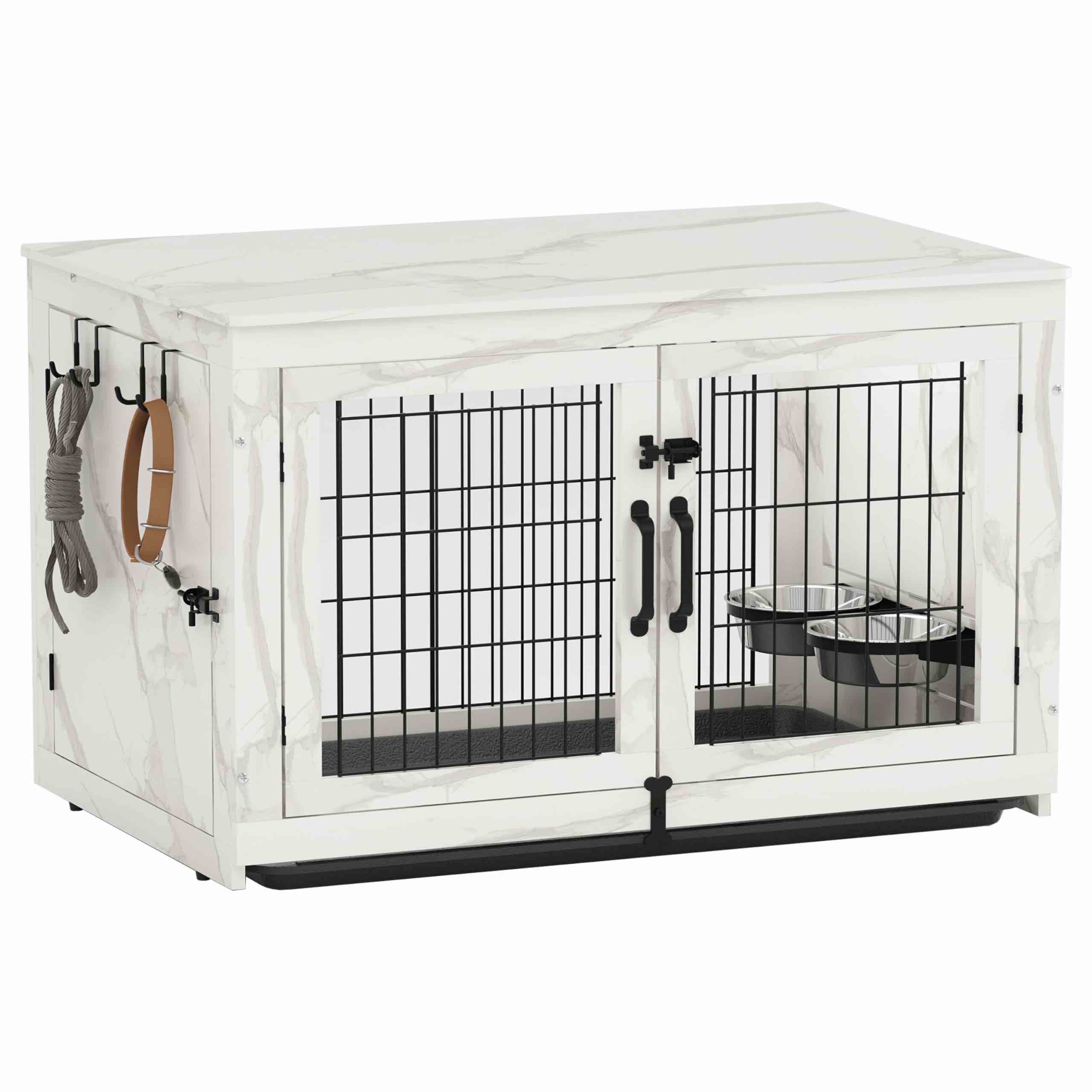Piskyet Wooden Dog Crate Furniture with 360¡ãRotatable Removable Dog Bowls, Dog Crate End Table with Tray, Double Doors Dog Kennels Indoor (XL:43L*28W*30.5H, Marble White)