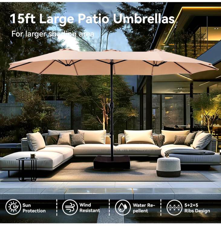 PHI VILLA 15ft Large Patio Umbrellas with Base Included, Outdoor Double-Sided Rectangle Market Umbrella with Crank Handle, for Poolside Lawn Garden, Beige