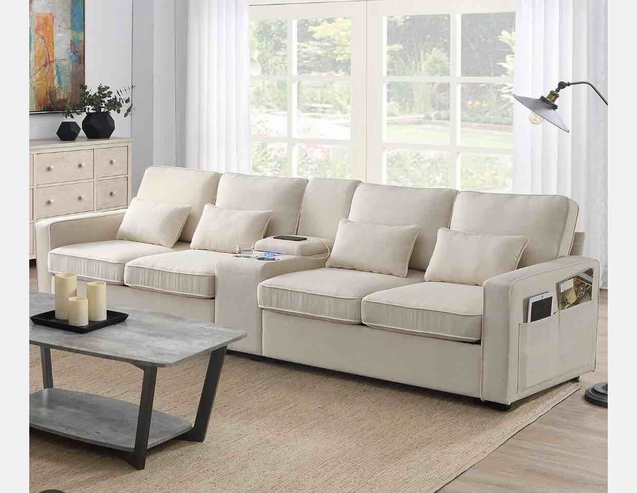 ERYE Multifunctional Modular Sectional Sofa with Storage Consloe,Cupholders,2 Dual USB Ports and Wired & Wirelessly Charged, Linen Fabric Couches for Home Office Apartment Living Room Furniture Sets Multifunctional Modular Sectional Beige 4 Lumbar Pillows BOX 1 of 3 ONLY