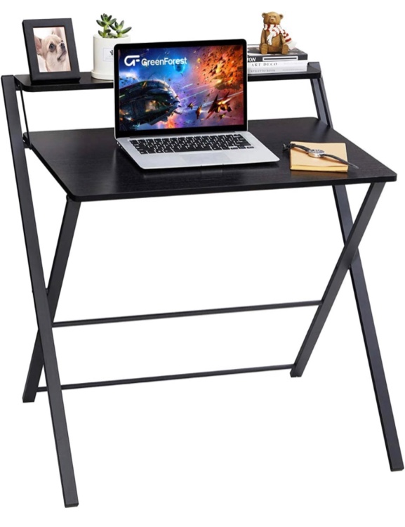 GreenForest Folding Desk No Assembly Required Fully Unfold 32 x 24.5 inch, Small Computer Desk with 2-Tier Shelf Laptop Foldable Table for Small Spaces, Black