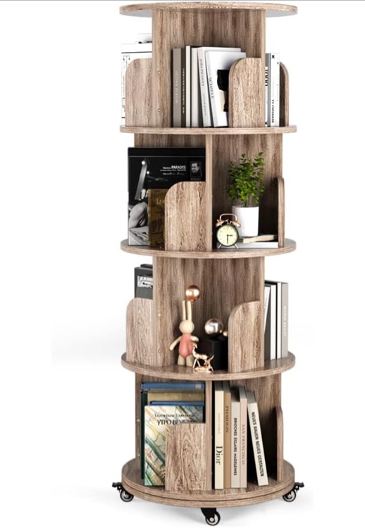 Nidouillet Rotating Bookshelf, 4 Tier Revolving Bookcase with Brake Wheels 360° Display Round Bookshelf Narrow Swivel Corner Book Shelf Standing Bookcase Adult Bedroom, Living Room - Oak Grey