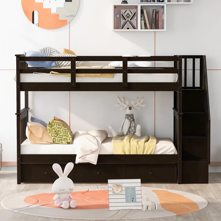Stairway Twin Over Twin Bunk Bed with Three Drawers for Bedroom, Dorm