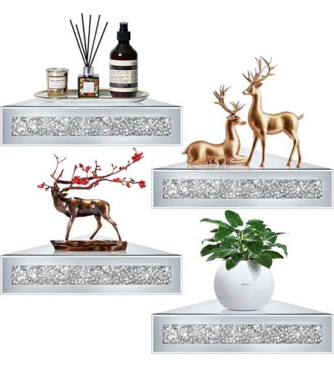 4 Set Corner Shelf Wall Mount Mirrored Floating Corner Storage Shelf Crystal Floating Corner Shelf Organizer Diamond Glass Wall Shelf for Bathroom Living Room Kitchen TV Accessories, Artwork Display- ONE CRACKED, ONE MISSING