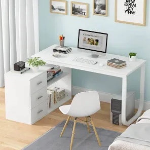 FUFU&GAGA 55.1 in. L-Shaped White Wood Writing Desk Desk Office