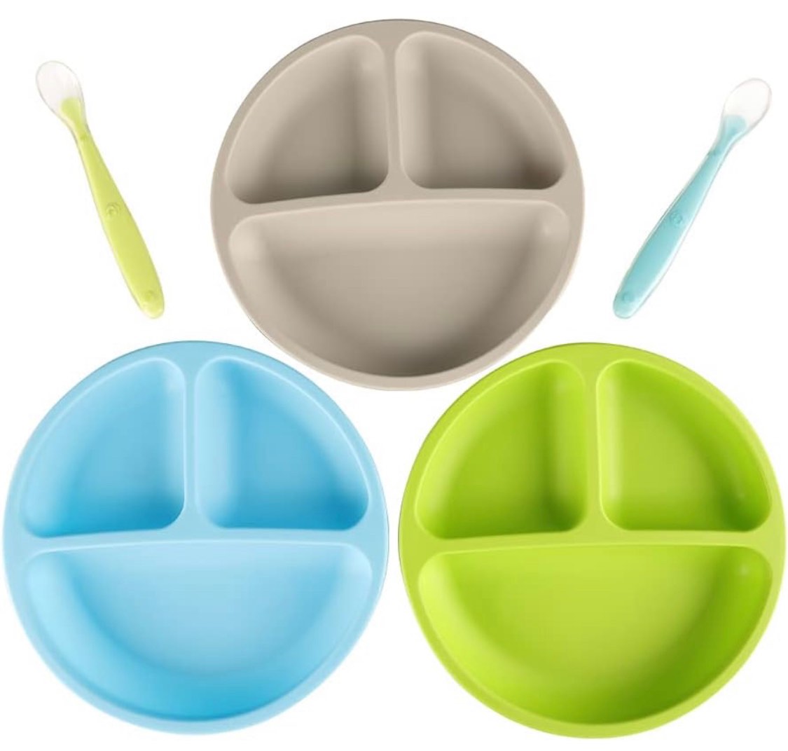 Kids Divided Plates -100% Safe BPA Free Soft Silicone Baby Toddler Plate, Dishwasher-Microwave Safe & Unbreakable Feeding Set (Light Blue/Green/Grey, with Suction)