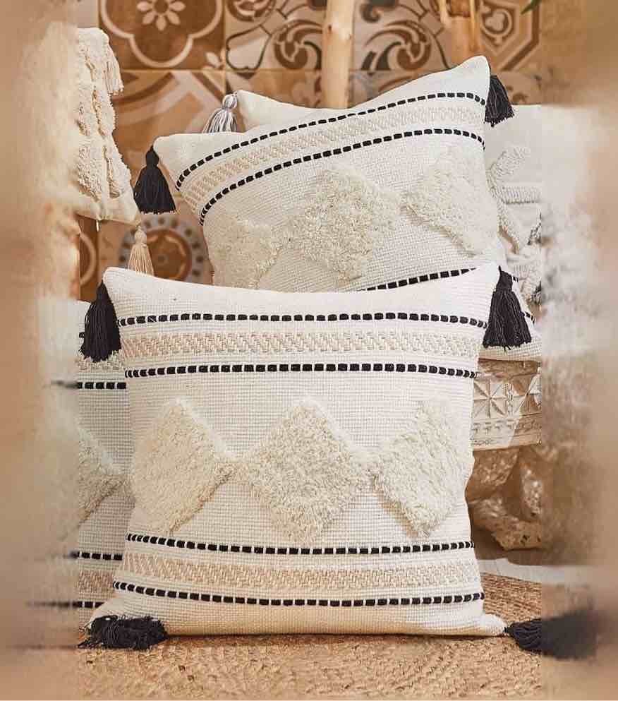 Merrycolor Boho Pillow Covers 18x18 Inch,Cotton Woven Diamond Square Throw Pillow Covers, Decorative Tribal Boho Pillows for Couch Sofa Bedroom, Beige