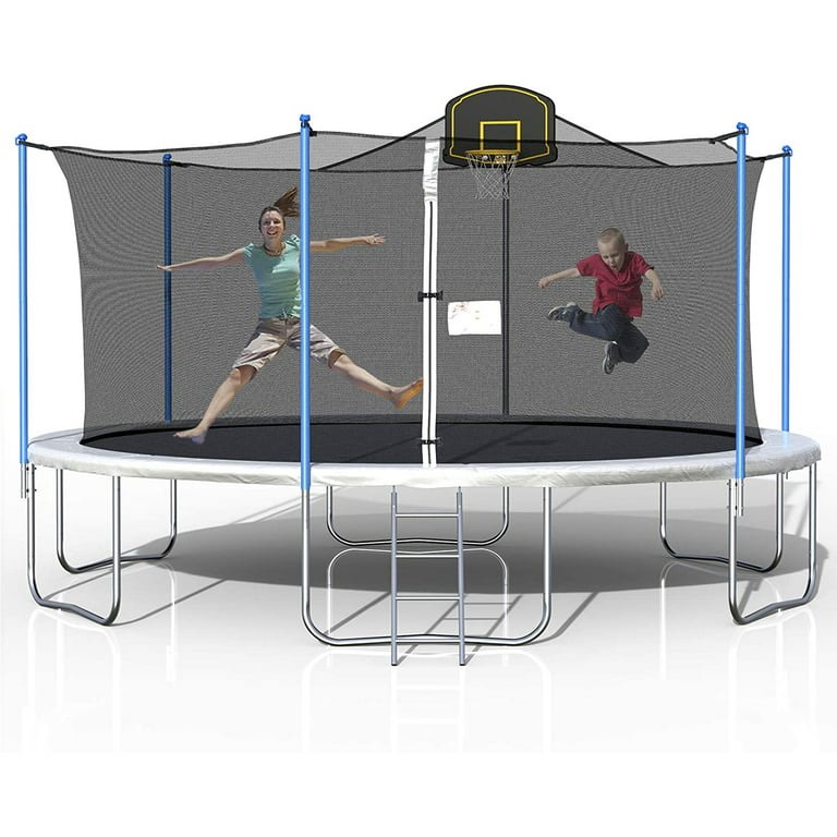 Outdoor Trampoline for Kids, 16FT Trampoline with Backboard Enclosure Net, Safety Spring Cover Padding, Basketball Hoop & Ladder, Outdoor Activity for Children, Silver