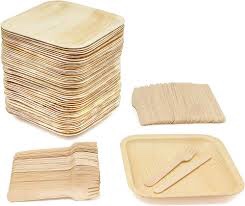 Palm Leaf Plates and Disposable Palm Leaf Dinnerware, Eco Palm Plates and Wooden Cutlery, Party Pack, 50 Plates, Forks, Spoons and Knives - Cattleya Earth Home Essentials