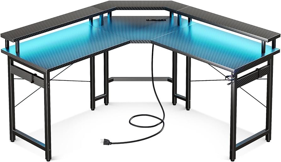ODK L Shaped Gaming Desk with LED Lights & Power Outlets, 51" Computer Desk with Full Monitor Stand, Corner Desk with Cup Holder, Gaming Table with Hooks, Black Carbon Fiber