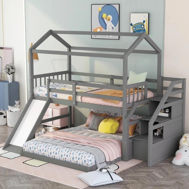 Twin Over Full House Bunk Bed with Convertible Slide and Storage Staircase\ Full-Length Guardrail\ Gray Gray Pine- INCOMPLETE, BOX 1 OF 3