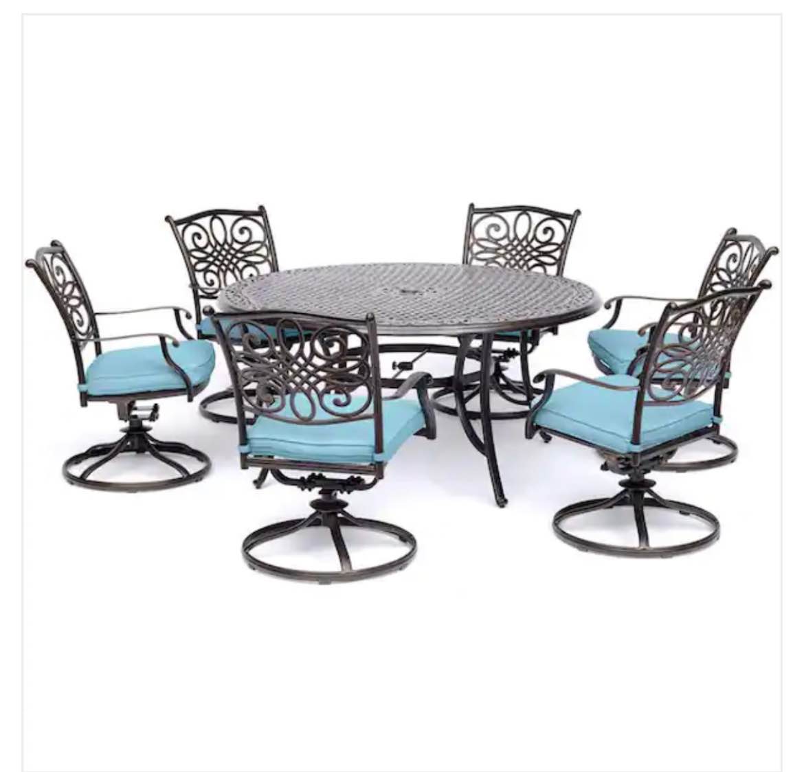 Traditions 9-Piece Aluminum Outdoor Dining Set with 6 Swivel Rockers with Blue Cushions and Cast-Top Table
