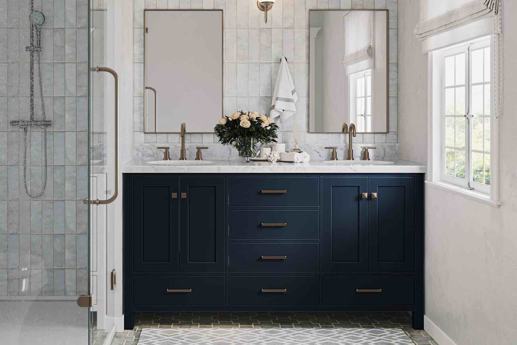 Ariel Cambridge 66 Inch Double Sink Base Cabinet In Midnight Blue, Midnight blue vanity with 2 Cabinets, 6 Drawers, Gold Handles, and grey marble stone double sink top. 67"W x 22" D x 37" H