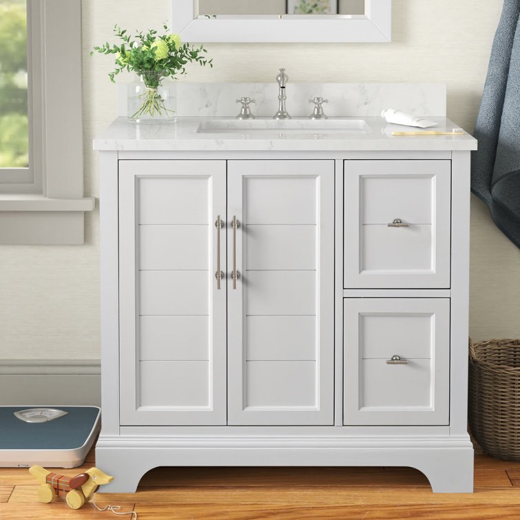 Genova 36" Freestanding Single Sink Bathroom Vanity with Top, White Vanity with 1 Cabinet, 2 Drawers, Silver Handles, and Single White Engineered Marble Sink Top. 34'' H X 36'' W X 22'' D
