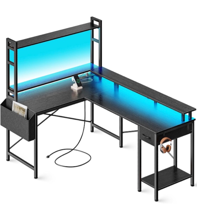 Huuger L Shaped Desk Gaming Desk with LED Lights & Power Outlets, Computer Desk with Storage Shelves, Corner Desk Home Office Desks for Bedroom, Black