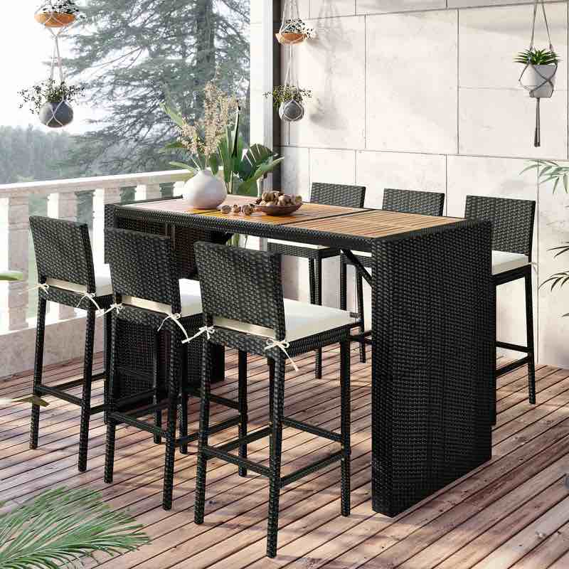 OUTDOOR PATIO 7-PIECE RATTAN DINING TABLE SET, WITH WOOD TABLETOP AND 6 DINING CHAIRS- table only
