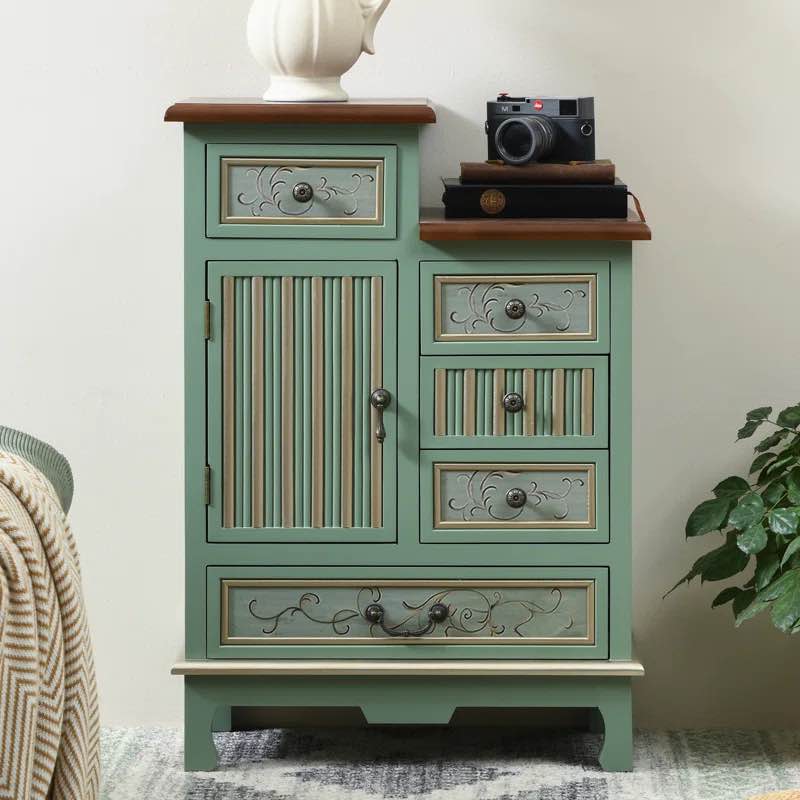 Sabiel Farmhouse 30.5'' Tall 1-Door Handcrafted Wood Accent Chest with 5-Drawers,Vintage Green