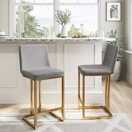 BELLEZE 24 Inch Barstools Set of 2, Upholstered Bar Stools with Gold Metal Frame, Modern Counter Height Chairs Kitchen Barstools for Home and Restaurant - Hutton (Gray)