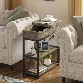 End Table with Storage and Charging Station Grey
