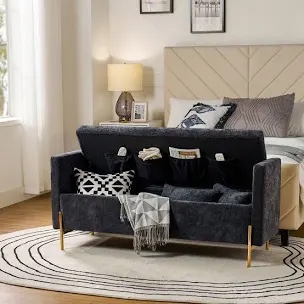 Louvenia 56''W Upholstered Flip Top Bench with Subdivided Storage and Toss Pillows Navy