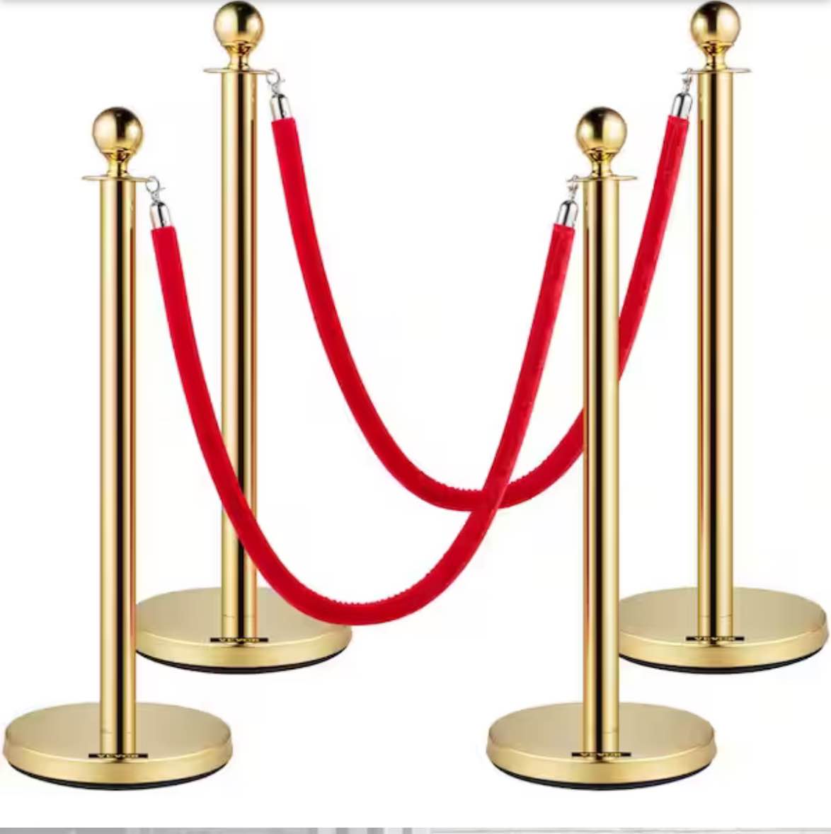 Gold Crowd Control Stanchion 38 in. H with Ball Top and 5 ft. Red Rope Stainless Steel Crowd Control Barrier (4-Pack)