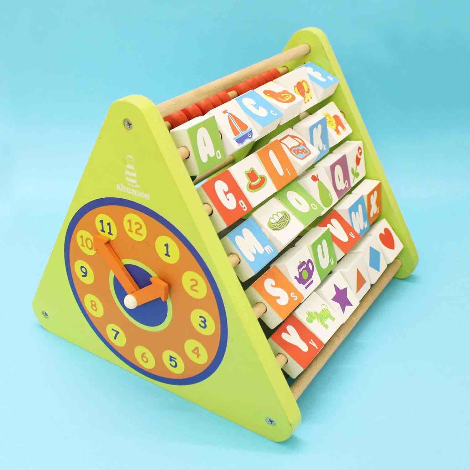 Shumee 5-in-1 Wooden Activity Triangle| Learn Alphabets, Counting, Time & Movement with Abacus, Drawing Writing Board, Alphabet Blocks, Clock & Gears| Learning & Educational Toys For 2+ Years Old Kids