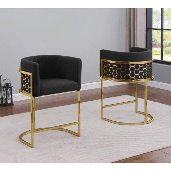 Best Quality Furniture Evan 29 in. Black Low Back Gold Metal Frame Bar Stool With Teddy Fabric Set of 2